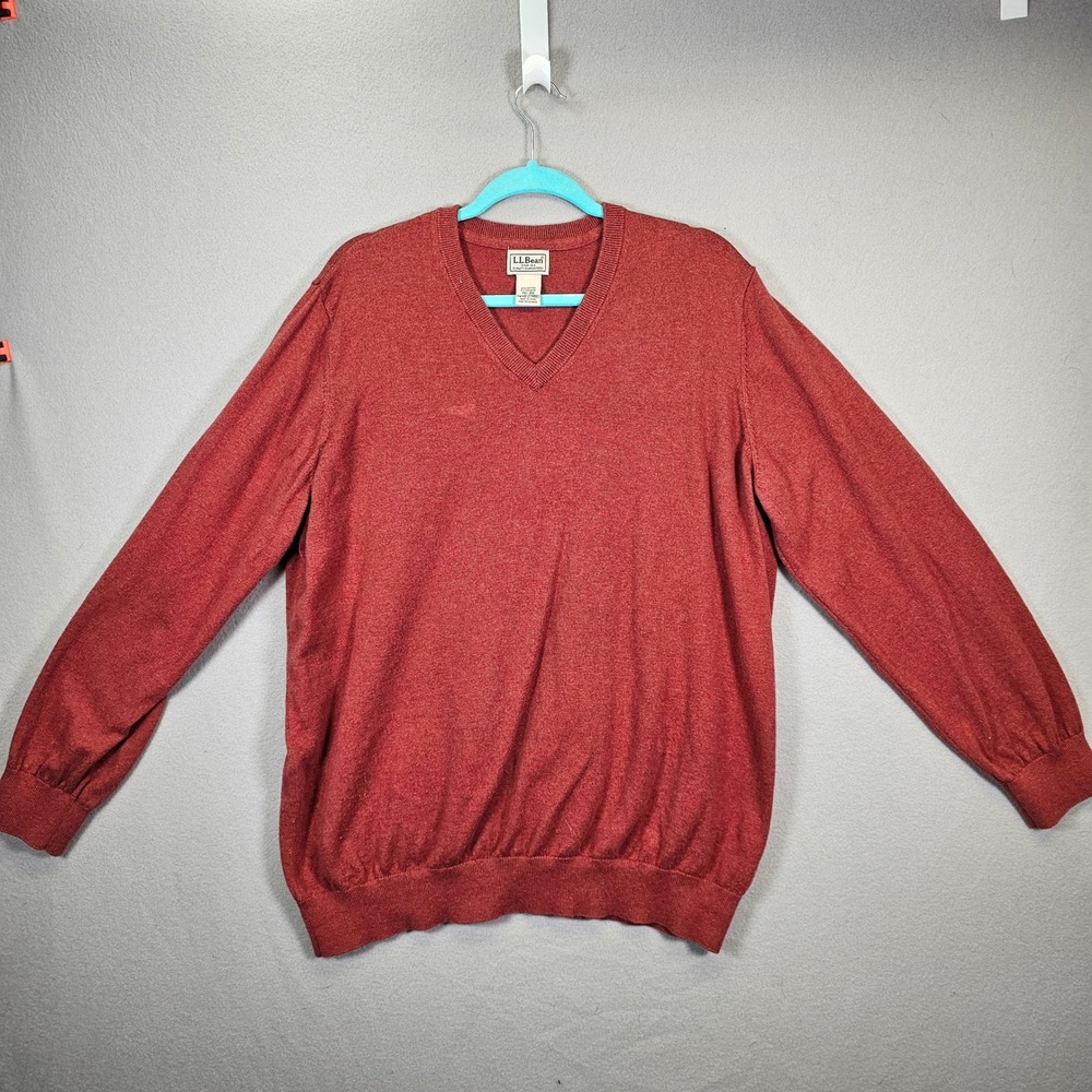 LL Bean V Neck‎ Sweater Red Heather Cotton Cashmere Blend Men XXL REG